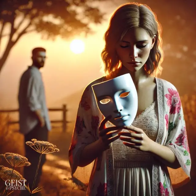 Eine Frau hält nachdenklich eine weiße Maske in ihren Händen, während ein Mann im Hintergrund unscharf zu sehen ist. Das Bild deutet auf emotionale Distanz hin, wobei die Maske des Gefühlsklärers symbolisch für das Verbergen innerer Gefühle und die Unfähigkeit zur offenen Kommunikation steht.
