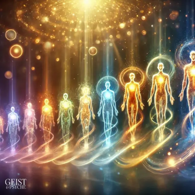 Mehrere leuchtende, menschliche Figuren in verschiedenen Farben stehen in einer Reihe, symbolisierend die unterschiedlichen Stufen des Seelenalters. Jede Figur repräsentiert einen Fortschritt in der spirituellen Entwicklung, von der jungen bis zur alten Seele, während Lichtstrahlen und kosmische Energien die Szene erhellen.