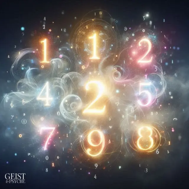 Ein leuchtendes Ensemble der Zahlen 1 bis 9 schwebt in einem mystischen, nebelartigen Hintergrund und vermittelt eine energetische und spirituelle Atmosphäre. Das Bild symbolisiert den Prozess, die Seelenzahl zu berechnen, indem es jede Zahl als Schlüssel zur persönlichen Erkenntnis und spirituellen Bedeutung darstellt.