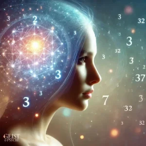 Eine Frau im Profil mit einem leuchtenden geometrischen Muster im Kopfbereich, das ein inneres Licht ausstrahlt und von den Zahlen 3, 7, 2 und 32 umgeben ist. Das Bild symbolisiert die Berechnung der Seelenzahl und visualisiert das spirituelle und numerologische Verständnis der inneren Persönlichkeit und wie man seine Seelenzahl berechnen und verstehen kann.