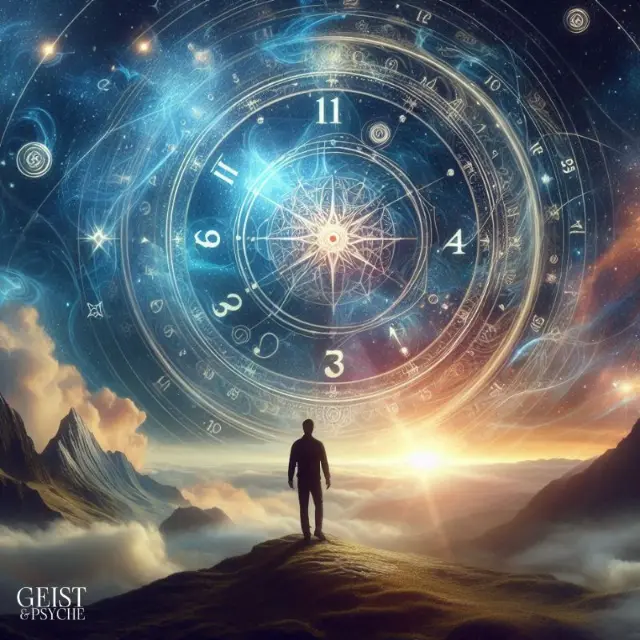 Eine Person steht auf einem Berggipfel und blickt in einen Sternenhimmel, in dem ein riesiges, astrologisches Ziffernrad mit Zahlen und Symbolen schwebt. Das Bild stellt die Reise dar, die Seelenzahl zu berechnen, und symbolisiert die Suche nach Selbsterkenntnis und die Bedeutung der Zahlen in Bezug auf das eigene Schicksal und die kosmische Ordnung.