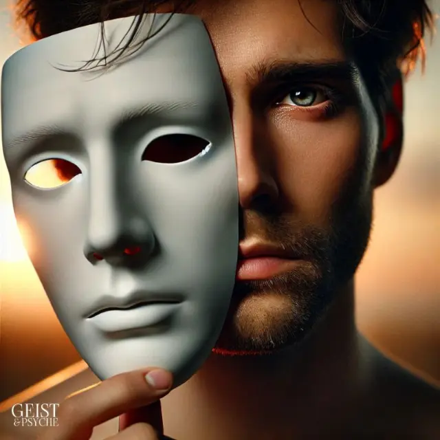 Ein Mann hält eine weiße Maske dicht vor sein Gesicht, wobei nur die Hälfte seines Gesichts sichtbar ist. Das Bild symbolisiert, wie er seine wahren Emotionen hinter der Maske des Gefühlsklärers verbirgt, um seine innere Verletzlichkeit zu schützen.