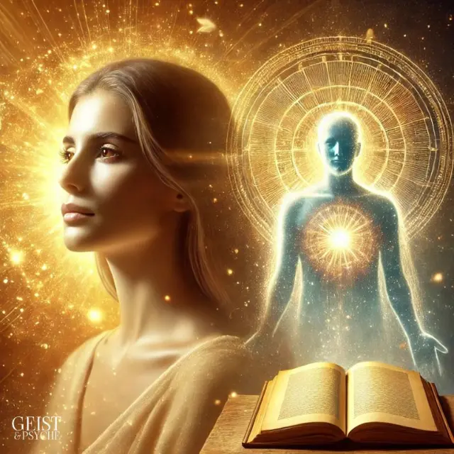 Eine Frau blickt hoffnungsvoll in die Ferne, während hinter ihr die schemenhafte Gestalt einer leuchtenden Figur erscheint, umgeben von spirituellen Symbolen. Ein aufgeschlagenes Buch im Vordergrund deutet auf Wissen und Erkenntnis hin, möglicherweise im Zusammenhang mit der Entscheidung, einen Seelenvertrag aufzulösen. Die Darstellung symbolisiert die Suche nach spiritueller Klarheit und die Bedeutung, den richtigen Zeitpunkt für das Auflösen eines Seelenvertrags zu finden.