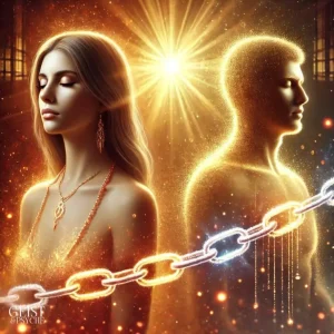 Eine Frau und ein Mann stehen sich gegenüber, umgeben von goldenem Licht. Zwischen ihnen ist eine leuchtende Kette zu sehen, die den Seelenvertrag zwischen den beiden symbolisiert. Dieses Bild zeigt, wie zwei Seelen den Seelenvertrag auflösen können.