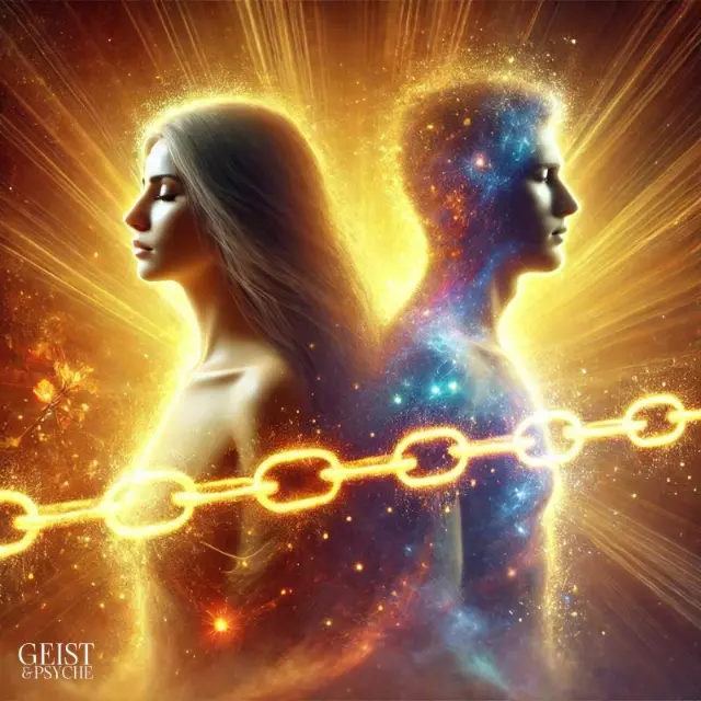 Ein Mann und eine Frau stehen Rücken an Rücken, verbunden durch eine leuchtende Kette, die den symbolischen Seelenvertrag darstellt. Beide Figuren sind von einem strahlenden Licht umgeben, das ihre spirituelle Verbindung und mögliche karmische Bindung visualisiert. Dieses Bild veranschaulicht das Konzept, wann es sinnvoll sein kann, einen Seelenvertrag aufzulösen, um spirituelle Freiheit und Heilung zu erlangen.