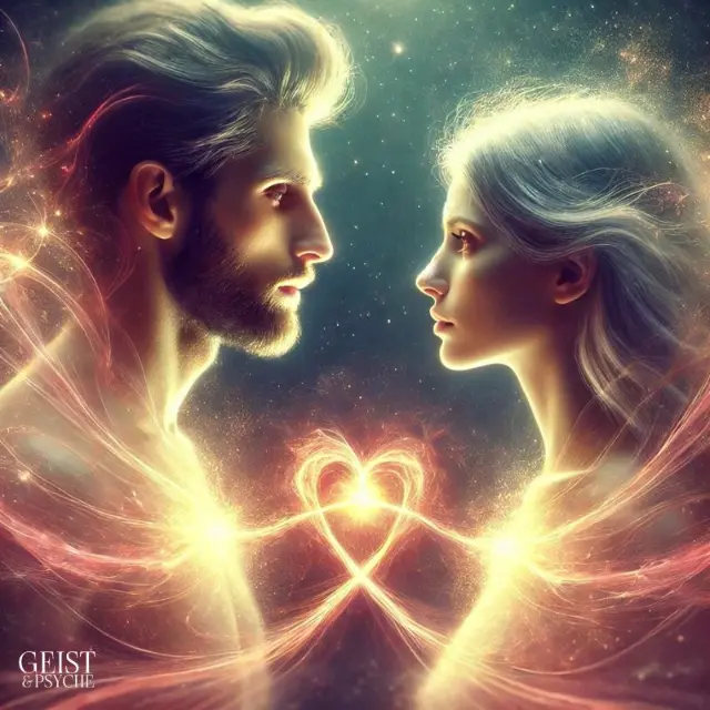 Zwei Seelenpartner, die sich tief in die Augen schauen, verbunden durch ein Herz aus Energie und Licht. Es symbolisiert die unzerstörbare Verbindung zu einem Seelenpartner, auch wenn der eine verstorben ist, und steht für ewige Liebe und energetische Verbundenheit über den Tod hinaus.