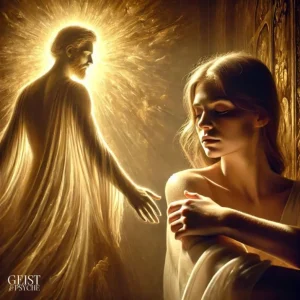 Eine spirituelle Szene, die eine Frau in nachdenklicher Haltung zeigt, während ein leuchtendes Wesen mit einer ausdrucksstarken, göttlichen Aura seine Hand ausstreckt. Die Darstellung symbolisiert Trost und Verbundenheit mit einem Seelenpartner, der verstorben ist, und spiegelt die Themen Heilung und spirituelle Nähe wider.