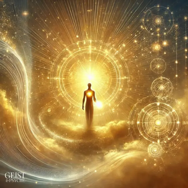 Die leuchtende Figur des Seelenpartners steht inmitten einer goldenen, himmlischen Szenerie, umgeben von kreisförmigen Energiemustern und strahlendem Licht. Es symbolisiert die spirituelle Reise und die Verbindung zu einem verstorbenen Seelenpartner, die durch Licht und Energie über den Tod hinaus fortbesteht und Sinn und Trost im Leben schenkt.
