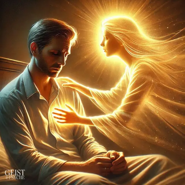 Ein trauernder Mann sitzt mit gesenktem Blick da, während ein strahlendes, leuchtendes Wesen, seine Seelenpartnerin, mit sanfter Geste seine Schulter berührt. Es symbolisiert den Trost und die spirituelle Präsenz eines verstorbenen Seelenpartners, der trotz des Verlustes eine heilende und unterstützende Verbindung aufrechterhält.