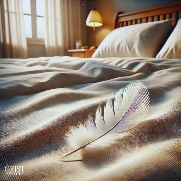 Eine weiße Feder liegt sanft auf einem unberührten Bettlaken in einem hellen Schlafzimmer, durchflutet vom warmen Licht eines Fensters am Morgen. Die Szene spiegelt die Weiße Feder Bedeutung als stilles, spirituelles Zeichen wider – oft interpretiert als liebevolle Botschaft aus der jenseitigen Welt.
