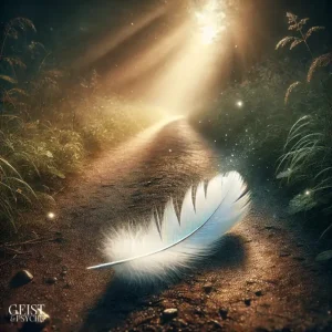 Eine weiße Feder liegt leuchtend auf einem Waldweg, der von goldenem Sonnenlicht durchflutet wird – die Szene wirkt friedlich und fast magisch. Die Darstellung greift die symbolische Weiße Feder Bedeutung auf, die oft mit spirituellen Zeichen und der Nähe Verstorbener assoziiert wird.