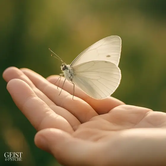 Ein zarter, weißer Schmetterling sitzt ruhig auf einer geöffneten Hand vor einem unscharfen, grünen Hintergrund. Dieses einfühlsame Motiv symbolisiert den Schmetterling als Zeichen von Verstorbenen als leises Zeichen ihrer Nähe und ein stiller Gruß aus dem Jenseits.