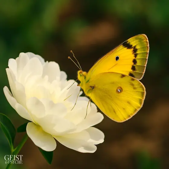 Ein leuchtend gelber Schmetterling mit schwarzen Akzenten sitzt zart auf einer weißen Pfingstrose vor einem unscharfen Hintergrund. Der Schmetterling als Zeichen von Verstorbenen vermittelt hier auf besonders sanfte Weise Licht, Hoffnung und die Botschaft, dass geliebte Menschen in neuer Form weiter bei uns sind.
