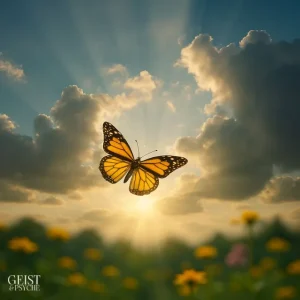 Ein orange-schwarzer Schmetterling fliegt vor einem goldenen Sonnenaufgang, während Sonnenstrahlen dramatisch durch dunkle Wolken brechen – im Vordergrund blühen gelbe Wildblumen. Dieses Bild steht symbolisch für den Schmetterling als Zeichen von Verstorbenen, der Trost spendet und als Botschafter aus der spirituellen Welt gilt.
