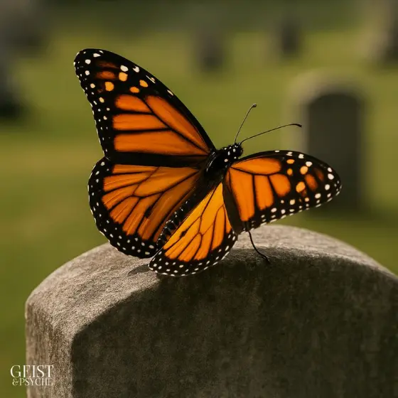 Ein orange-schwarzer Monarchfalter sitzt auf einem verwitterten Grabstein in einem friedlichen Friedhofsumfeld bei weichem Licht. Dieses eindrucksvolle Motiv bringt die tiefe symbolische Kraft vom Schmetterling als Zeichen von Verstorbenen zum Ausdruck – als stiller Bote der Erinnerung, Hoffnung und spirituellen Nähe.