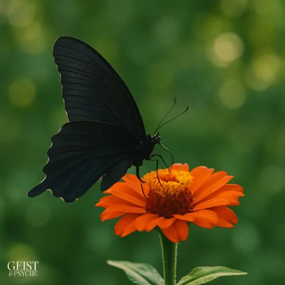 Ein schwarzer Schmetterling sitzt still auf einer leuchtend orangefarbenen Blume vor einem sanft verschwommenen, grünen Hintergrund. In vielen Kulturen gilt der Schmetterling als Zeichen von Verstorbenen – besonders ein schwarzer Falter steht oft für stille Abschiede, spirituelle Transformation und die Präsenz geliebter Seelen in unserer Nähe.