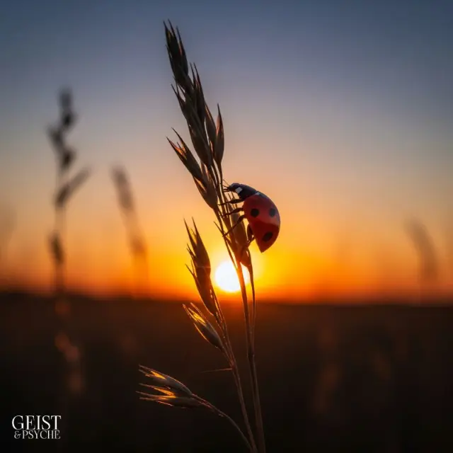 Ein Marienkäfer klettert an einem Grashalm empor, während im Hintergrund die Sonne langsam untergeht und den Himmel in warmen Orange- und Blautönen färbt. In der Abendstimmung wirkt das Bild besonders symbolisch – viele sehen im Marienkäfer ein Zeichen von Verstorbenen, das Trost und Nähe in stillen Momenten schenkt.