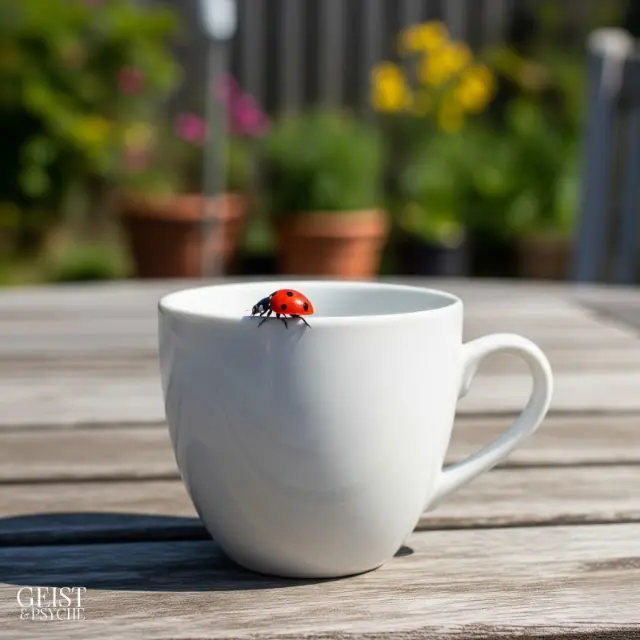 Ein Marienkäfer sitzt am Rand einer weißen Kaffeetasse, die auf einem Holztisch im sonnigen Garten steht. In vielen Kulturen gilt ein Marienkäfer als Zeichen von Verstorbenen, die uns in stillen Momenten des Alltags nah sein wollen – wie hier bei einer Tasse Kaffee in der Morgensonne.