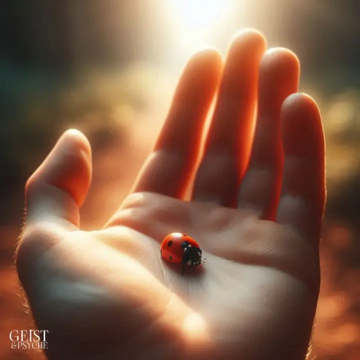 Marienkäfer als Zeichen von Verstorbenen Spirituelle Bedeutung. Eine Nahaufnahme einer offenen Hand, auf deren Handfläche ein Marienkäfer sitzt.