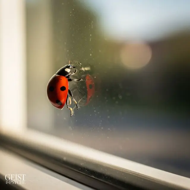 Ein Marienkäfer sitzt auf einem sonnenbeschienenen Fensterbrett und blickt ins warme Licht des frühen Morgens. In solch stillen Momenten am Fenster empfinden viele Menschen einen Marienkäfer als Zeichen von Verstorbenen – als leisen Gruß aus der anderen Welt.