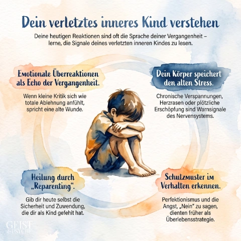 Ein trauriges Kind sitzt zusammengesunken in der Mitte, als Symbol für das verletzte innere Kind und die Symptome.